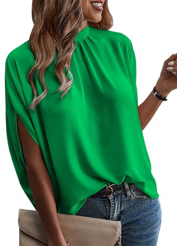 ONAYEYO Damen Elegant Bluse Casual Lose Tunika Shirt Hinten Schnüren Verspotten Nacken Dolman-Ärmel Oberteil T Shirt Sommer Einfarbig Top (L, Grün)