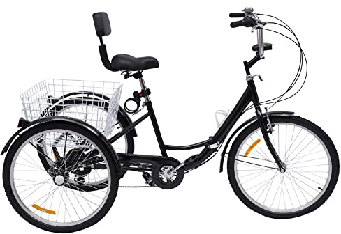 Owneed 24 Zoll Dreirad für Erwachsene 7-Gang 3-Rad Fahrrad mit Einkaufskorb Klappbar Dreirad Fahrrad Lastenfahrrad für Senioren Outdoor Cityräder (Schwarz)