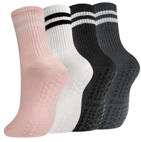 flintronic 4 Pairs Non-Slip Yoga Socks, Pilates Socks with Grips for women and men, Long Socks with Double Stripes, Sweat Absorption Cotton Full Toe Socks for Dance, Barre Ballet, Fitness, Home