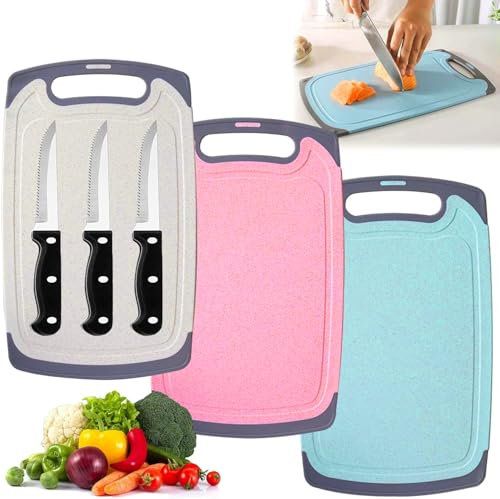 3 pezzi Tagliere da cucina,Tagliere Cucina Set in Plastica Antiscivolo,con 3 pezzi coltelli da bistecca,taglieri con scanalatura per il succo, Tagliere Senza BPA,per Carne,Verdure e frutta, Colorato