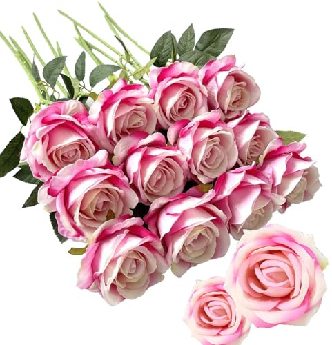 EnixwH 12 Rosas Artificiales Realistas De Tallo Largo, Ramos De Flores Artificiales, Flores Artificiales Decoracion para Decoración De Bodas, Decoración De Fiestas (Rosa Oscuro)