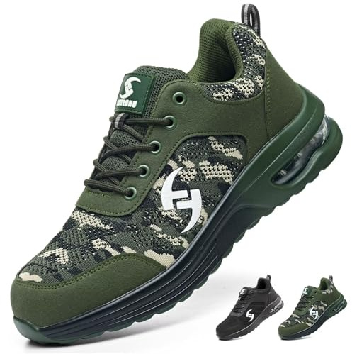 POYLONU Zapatos de Seguridad Hombre Mujer Ligero Transpirable Zapatillas de Seguridad con Punta de Acero Zapatos de Trabajo Calzado de Seguridad Verde Militar 40