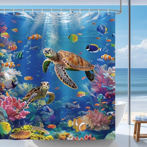 Bonhause Duschdraperi havssköldpadda under havet värld tropiskt hav vattentät mögelbeständig polyester duschdraperier tvättbara badrumsgardiner 180 x 180 cm med 12 krokar
