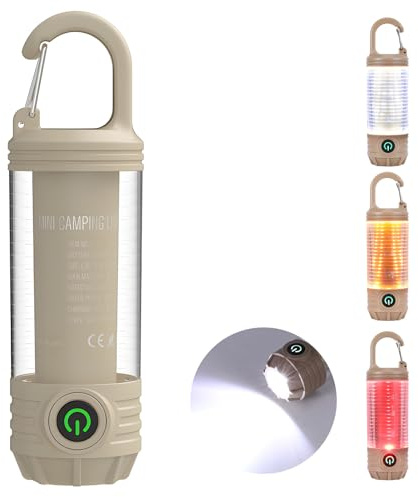 Lampe de camping – Lanterne de camping rechargeable avec crochet, mini lampe de poche LED portable, lampe de tente 6 modes d'éclairage, lumière d'urgence étanche pour occultation, ouragan (kaki, 1