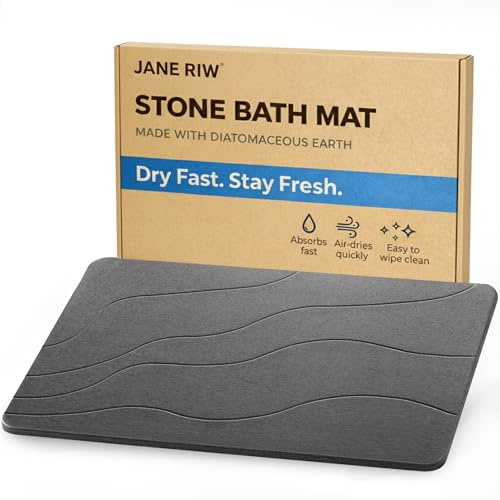 JANERIW Stone Bath Mat, Quick-Dry Diatomaceous Earth Shower Mat, Absorbent Bathroom Mat for Shower/Tub Exit, New Apartment Essential & Housewarming Gift, 23.5 x 15.5 Dark Gray Wave