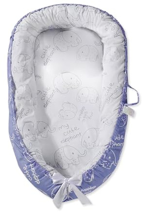 SONARIN Portatile Riduttore Lettino Neonato,88 x 53 cm Baby Nest Nido Neonati Riduttore Culla da Viaggio per Bambini, con100% Cotone Copertura Reversibile Lavabile(Blu-Elefante)