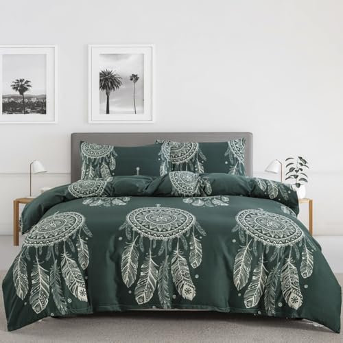 ZHDEDSP Boho Traumfänger Bettwäsche-Set, 3-teilig, bettwäsche 220x240 Grün mit Federn-Motiv, Microfaser, mit Kissenbezug 80x80 cm
