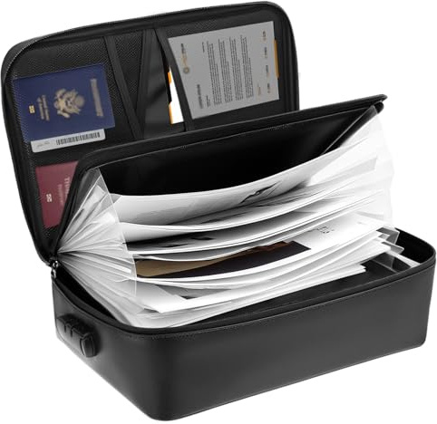QWORK® Scatola per documenti ignifuga con serratura e cartella (7 scomparti), resistente all'acqua e al calore, 36x27x10cm
