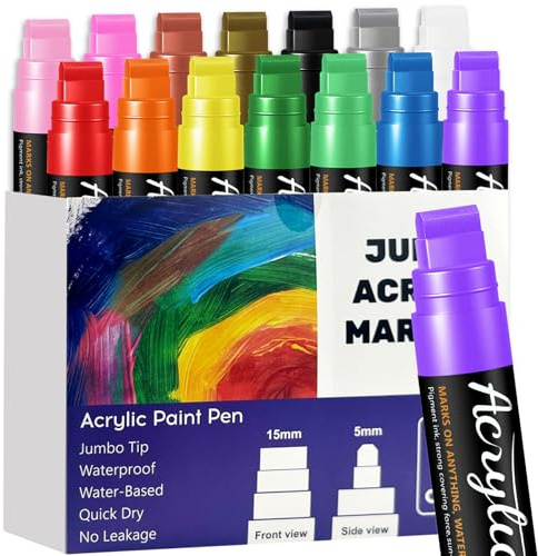 14 Colores Rotuladores Acrilicos Jumbo, Acrylic Marker de Punta Ancha de 15mm, 3 en 1 Marcadores Acrílicos para Piedra Vidrio Madera Cerámica, Rotulador de Punta Gruesa para la Mayoría de Superficies