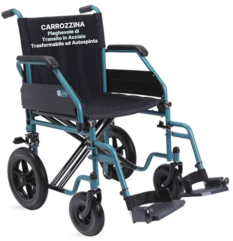 REMEDIA ONE - Carrozzina Pieghevole di Transito in Acciaio Azzurra Doppia Crociera - Sedia a Rotelle Trasformabile ad Autospinta, Ruote Sgancio Rapido