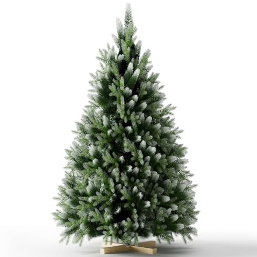 Kidsgigglz Sapin de Noël Artificiel 150 cm avec Flocons de Neige, 452 Branches en PE+PVC, Automatique avec Support en Bois, sapins de Noël realiste pour Salon, Salle à Manger, Restaurant, Couloir