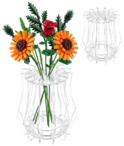 Vase for Lego Flowers - Display Clear Vase for Lego Flower Bouquet Display Stand Puzzle Vases Transparent Vases for Botanical Roses Cherry Blossoms, Sunflowers, Tulips, Daffodils Display (B)