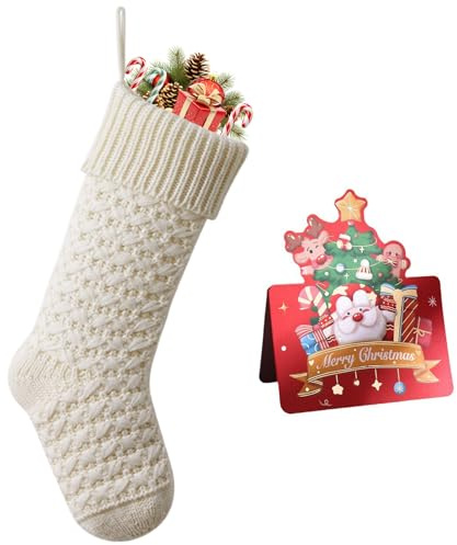 meioro Weihnachtsstrumpf, 18 Weihnachten Befüllen Christmas Nikolausstrumpf, Kamin Hängende Strümpfe Dekorationen, Jacquard Weihnachtsstrümpfe Grußkarte Feiertagsdekoration Stocking Deko (Weiß, 1p)