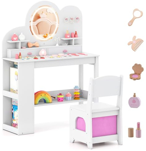 LIFEZEAL Tocador Infantil con Espejo Iluminado LED, Set de Tocador y Silla Princesa, Mesa 2 en 1 con Estantes y Cajones, Almacenaje Seguro para Niñas Desde 3 Años (Blanco)
