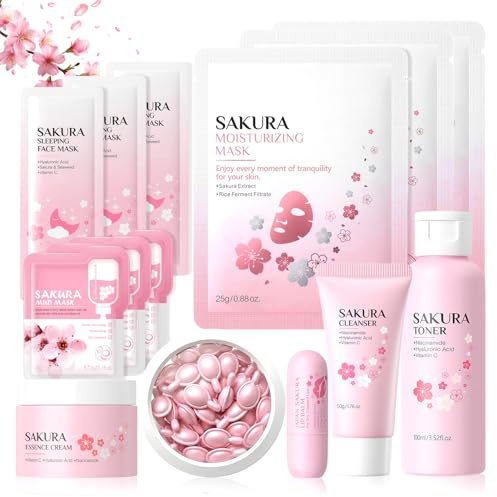 14 Pezzi Kit per la Cura Della Pelle Sakura, include Detergente, Capsule di Siero, Crema Viso, Maschera e Crema per Gli Occhi, Mini Size da Viaggio Prodotti Skincare per Ragazze e Donne