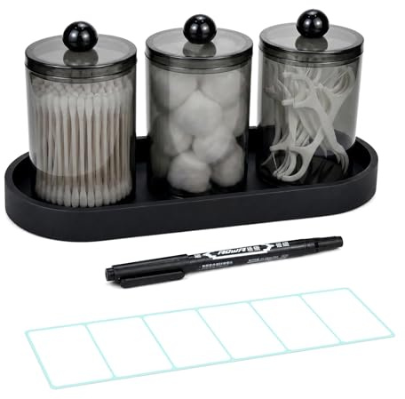 3PCS Cotton Swab and Cotton Pad Box - Transparent Pill Jar, Bathroom Storage, Dresser Organizer with Silicone Tray, Waterproof Label and Pen - Perfect for Modern Bathroom Decor in Small Spaces