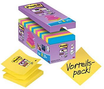 Post-it Super Sticky Z-Notes, Vorteilspackung, Packung mit 14 Blöcken und 2 Gratisblöcke, 90 Blatt pro Block, 76 mm x 76 mm, Farben: Grün, Gelb, Pink, Blau - Extra-stark klebende Notizzettel