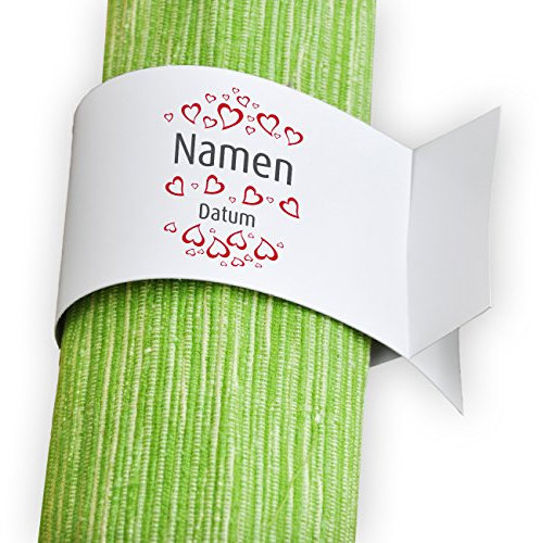 Herz & Heim® Serviettenringe weiß 6X Bedruckt mit Namen und Datum zur Hochzeit