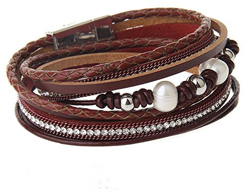 Cheerlife Leder Wickelarmband mit Flechtelement Strass Perlen Armband geflochten Armschmuck Magnetverschluss (Rot)