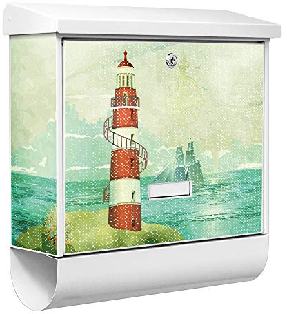 banjado® Burgwächter Briefkasten Weiß 38x39x12cm mit Motiv Alter Leuchtturm/Briefkasten mit Zeitungsfach/Briefkasten mit Zeitungsrolle/Postkasten inkl. Montagematerial & 2 Schlüsseln