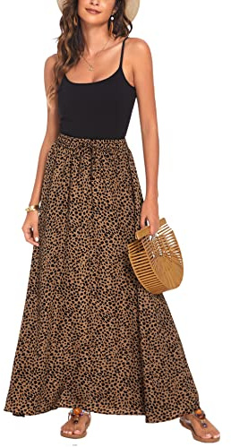 Bluetime Women Chiffon Elastic High Waist Pleated A-Line Maxi Skirts Long Length Beach Cover Up Dress (XXL, Floral15)