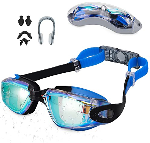 Hippodance Lunettes de Natation,Lunettes de Natation à Verres Polarisés Anti-buée et Protection UV pour Hommes Femmes Adultes Adolescents（bleu）