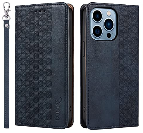 LOLFZ Case for iPhone 13 Pro, Leather Flip Wallet Case Card Slots Kickstand Wrist Strap Protective Magnetic Phone Case Cover for Apple iPhone 13 Pro - Blue
