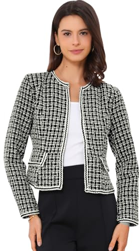 Allegra K Women's Plaid Tweed Blazers Open Front Work Office Short Jacket