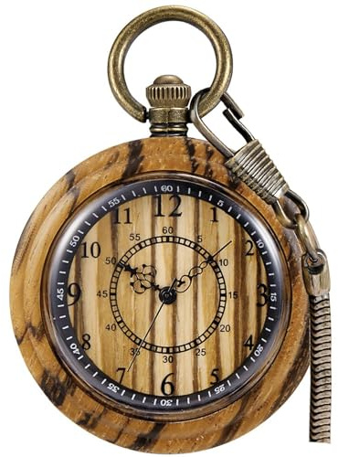 Tiong Vintage Wooden Quartz Pocket Watch Handmade Bamboo Wood Antique Pocket Watches with Chain Men's Pendant & Gift Box