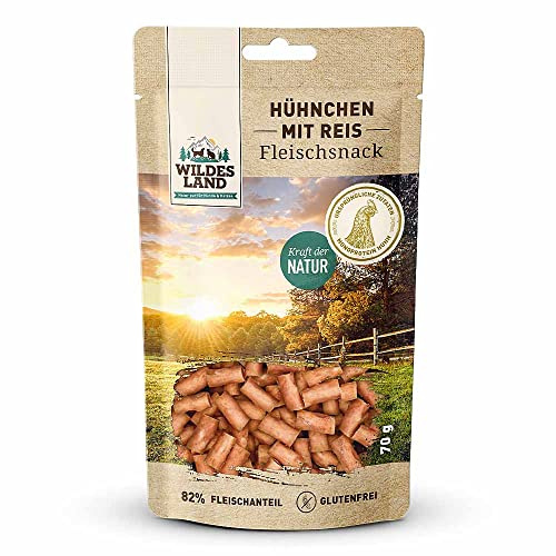 WILDES LAND – Hühnchen mit Reis | Kausnack mit natürlichen Zutaten und extra hohem Fleischanteil für ausgewachsene Hunde. Getreidefreier Hundesnack ohne Zusatzstoffe im Beutel | 7x70g Huhn