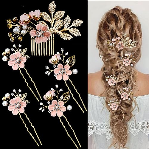 Braut-Haarnadeln, Blumen-Haarnadeln, Kristall-Perlen, Kopfschmuck, goldfarben, Hochzeits-Haarschmuck, Schmuck mit Strass für Bräute, Brautjungfern, Frauen, Mädchen, Hochsteckfrisur (Kirschblüten,