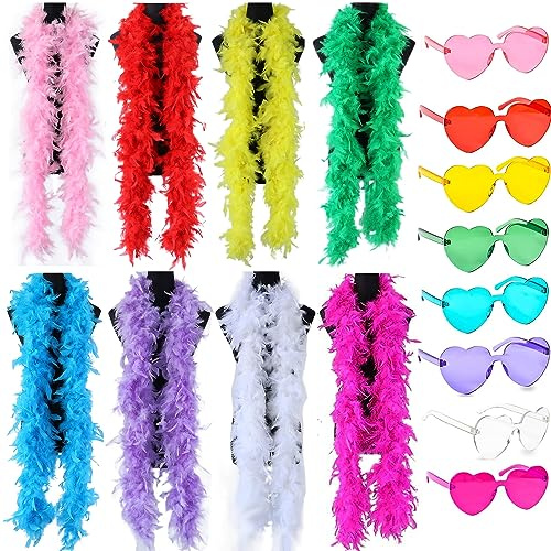 8 boa di piume colorate, con 8 occhiali da sole senza montatura a forma di cuore, 2 m, boa di piume di tacchino Chandelle, da donna, per danza, matrimoni, feste di Halloween (set da 8 pezzi)