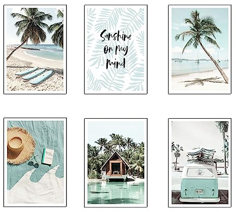 Set 6 cuadros base madera, Decoración Salón Modernos, Dormitorios, Habitación, paisaje, playa, naturaleza con colgadores metálicos, (38 x 29 cm cada cuadro)