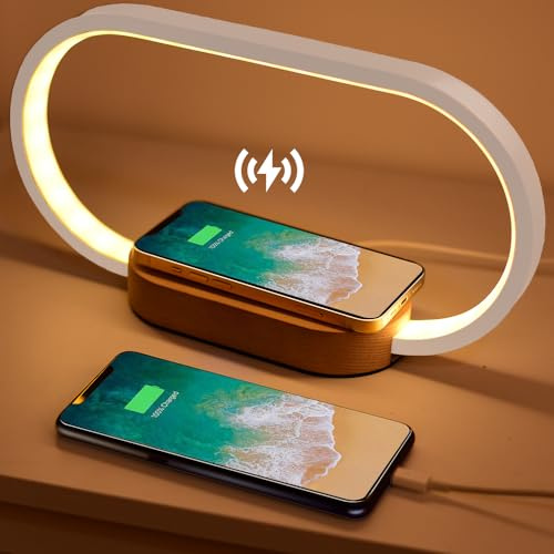 Wanjiaone Nachttischlampe mit Ladefunktion, Nachttischlampe Touch Dimmbar mit USB-Aufladung, 10W Wireless Charger, 3 Farbmodi, Tischlampe Kabellos für Schlafzimmer Wohnzimmer Büro, Holz&Weiß