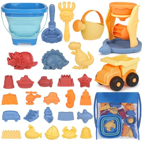 YIMORE Giochi Spiaggia, 30 Pezzi Giocattoli da Spiaggia Bambini con Secchiello Pieghevole, Borsa Rete, Formine Giocattoli di Sabbia, Giochi Mare Ragazzi Ragazze 2 3 4 5 6 Anno