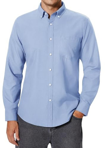 siliteelon Shirts for Men Adult Oxford Long Sleeve Light Blue Smart Casual Plain Regular Fit Button Down Shirts with Pocket XL