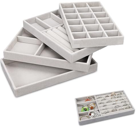 JJYHEHOT Set of 4 Jewelry Organizer Trays, Velvet Stackable Jewellery Drawer Organiser Insert Divided Storage Box Display Tray for Earring Ring Necklace Bracelet Watch (Grey)