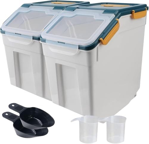 Mairuker 50lb Flour Storage Container with Lid, 2 Pack Large Airtight Rice Storage Container with Wheels, Measuring Cup, Scoop, for Sugar Grain Cereal, Rice Dispenser, Pantry Organization (Dark Blue)