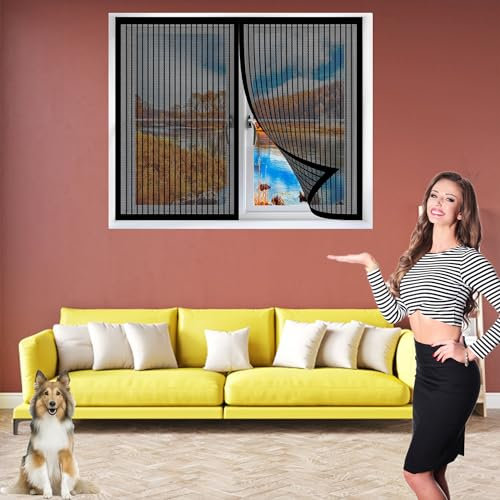 Fliegengitter Fenster Magnet 195 x 240 cm Ohne Bohren Insektenschutz Magnet Vorhang Einfache Installation für Windows/Wohnzimmer Fenstern, Schwarz
