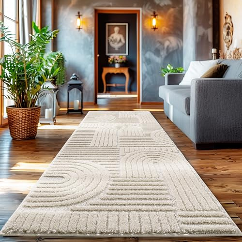 HomebyHome Teppich Läufer 80x250 cm Creme, Hochflor Wohnzimmer Teppich, Weich & Flauschig, Skandinavisch Boho Stil, Langflor Shaggy, Pflegeleicht, Jute Rückseite