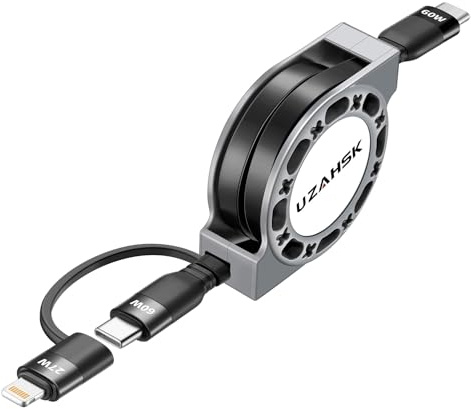 UZAHSK 2 en 1 Cable USB C y Lightning Carga rápida de 27/60W,1.2M,Cable Cargador Movil Retractil Tipo-C Cable Multiple Cargador Universal Portatil para iPhone/Samsung/Android/iPad/Tablet. (Negro)