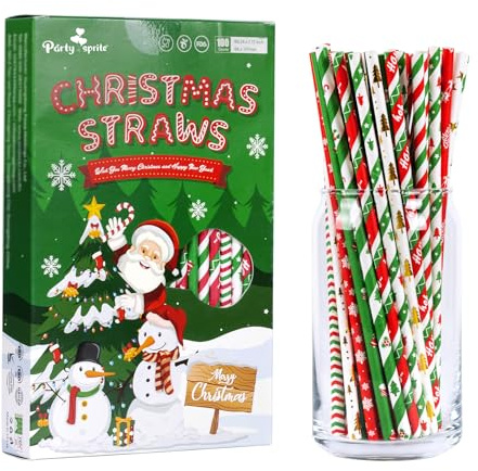 Strohhalme weihnachten, 10 Stile Rot Grün Gold Schneeflocken Baumschmuck Einweg-Trinkhalme für Weihnachten, Neujahr, Urlaub, Party(100 Stück)