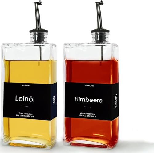 BIKALAN Ölflasche mit Ausgießer, Kaffee Sirup Spender Glas Set, Olivenöl Flasche Set, 500ML Ölspender Glas, Oil Dispenser Sirup Pumpspender mit 40 Aufkleber, Trichter (Schwarz, 500 Milliliter)