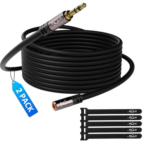 Mygatti Förlängningskabel, 3,5 mm (2 meter, 2 stycken), stereoljud, förlängningssladd till uttag, hörlurs-förlängningskabel, OFC-kärna, svart kabel (med 5 buntband)