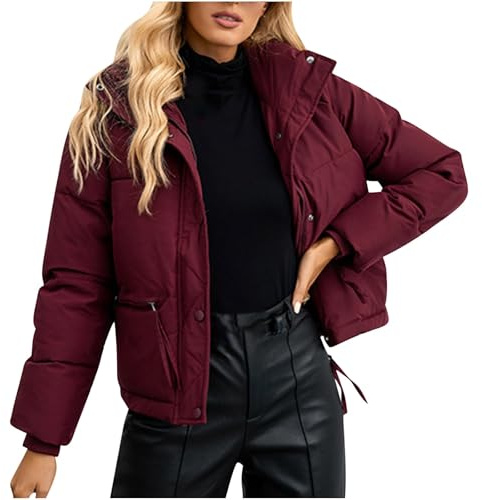 RKaixuni Pufferjacken für Damen, Winter, warme Daunenmäntel, gesteppte Bomberjacke, kurz, dick, Anorak, leicht, Parka, lässige Outwear, rot, L