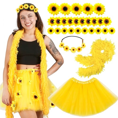 Sonnenblumen Kostüm Damen Tüllrock Gelb, 28Pcs Tüll Karneval Tütü Blumen Kostüme mit Tutu Rock Dirndl Sonnenblumen Haarreif Federboa Blütenköpfe für Kleidung Mottoparty Fasching Hawaii Party Zubehör
