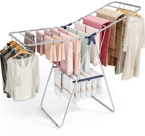 SYKIARIOL Wäscheständer mit 2 Ebenen, klappbarer Flügelwäscheständer, Faltbare Standtrockner, Flügelwäschetrockner mit höhenverstellbare Flügel für Innen, Edelstahl, Silber