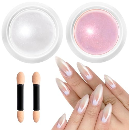 Chrome Nail Powder Ultra-Fine 25nm BISHENGYF, Fairy Pink & Pearl White Crome Pulver Nägel für Metallicspiegel-Effekt & Perlmutt-Glanz, Staubfreies Professional Chrome Nails Set für Zuhause 2PCS