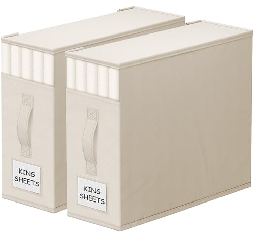 StorageTastic 2 Pack Bed Sheet Closet Organizers and Storage,Sturdy Foldable Storage Containers with Window and Label,Storage and Organization for Bedding Sheets,Duvet Covers,Blankets (Beige)