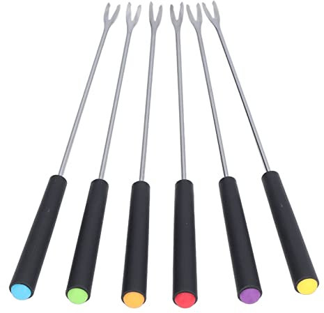 6 Pcs Fondue Forks, Dinner Forks Stainless Steel, Fondue Sticks with Color Coded Wooden Handle, Long Fork for Chocolate Fountain Cheese Fondue Roast Marshmallows Fruits